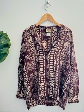RUNAWAY BAY | 100% Silk Boho Print Button Up Shirt Size Small